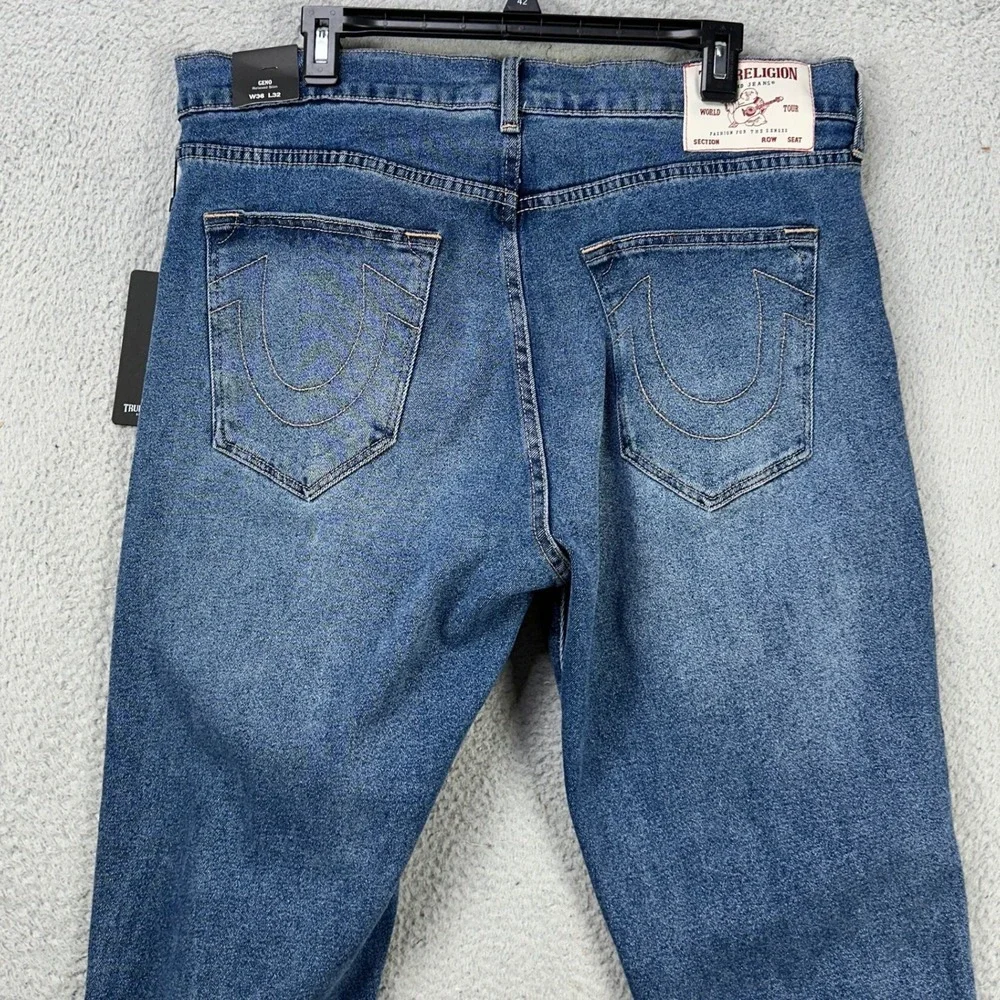 True Religion Mens Geno Relaxed Slim Fit Jeans 36 Blue Distressed Stretch NEW